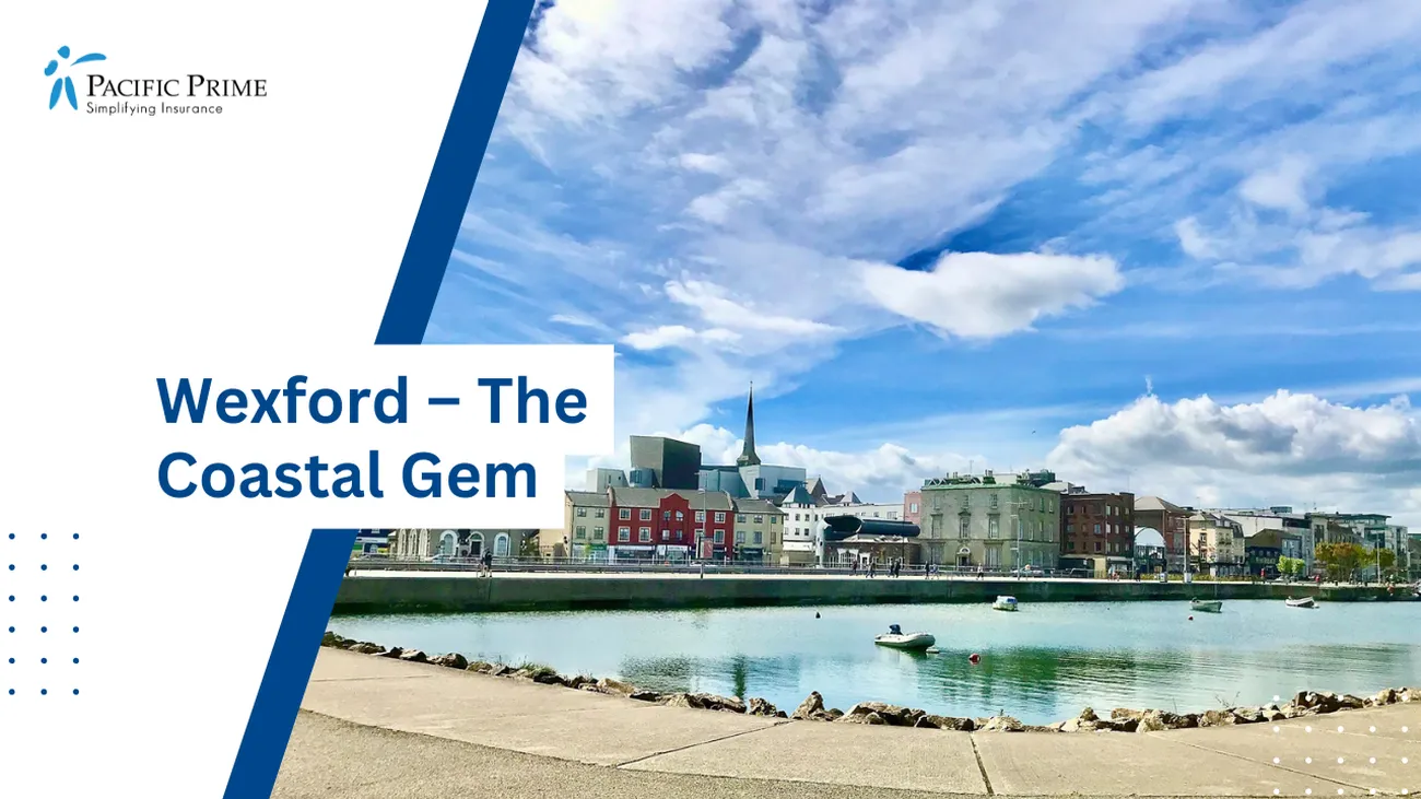 Image of City Skyline Over Water Under A Partly Cloudy Sky In Wexford, Ireland with text overlay of "Wexford – The Coastal Gem"