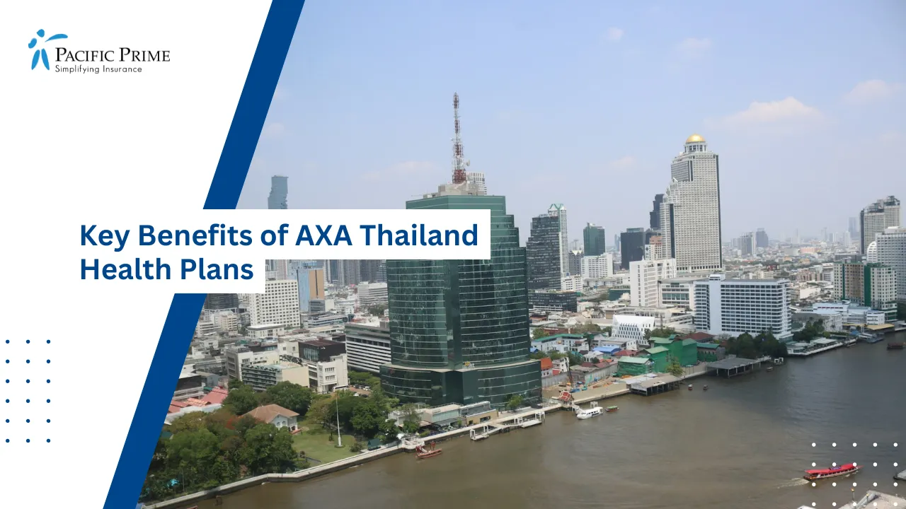 Image of City Skyline Reflected In Water, Bangkok, Thailand with text overlay of "Key Benefits of AXA Thailand Health Plans"