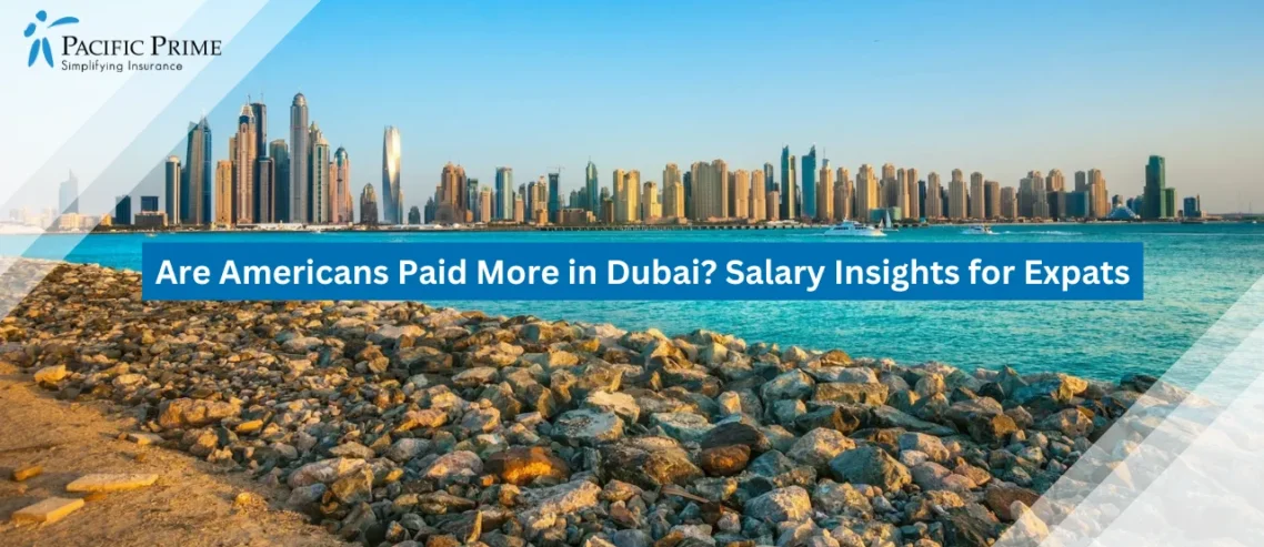 Image of City Skyline Reflecting On Calm Waters At Dubai Marina with text overlay of "Are Americans Paid More in Dubai? Salary Insights for Expats"