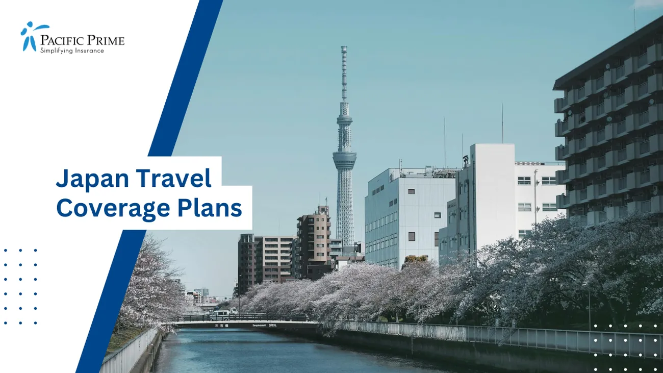 Image of City Skyline With River View In Tokyo, Japan with text overlay of "Japan Travel Coverage Plans"