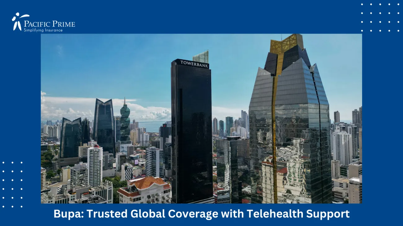 Image of City Skyline With Tall Buildings In Ciudad De Panamá, Panamá with text overlay of "Bupa: Trusted Global Coverage with Telehealth Support"