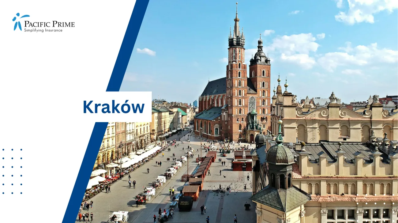 Image of City Square View With A Clock Tower In Kraków, Poland with text overlay of "Kraków"