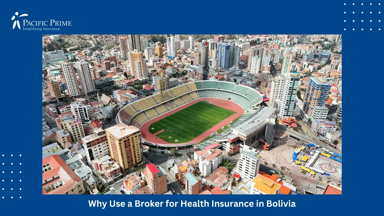 Image of City Stadium Surrounded By Urban Landscape In La Paz, Bolivia with text overlay of "Why Use a Broker for Health Insurance in Bolivia"
