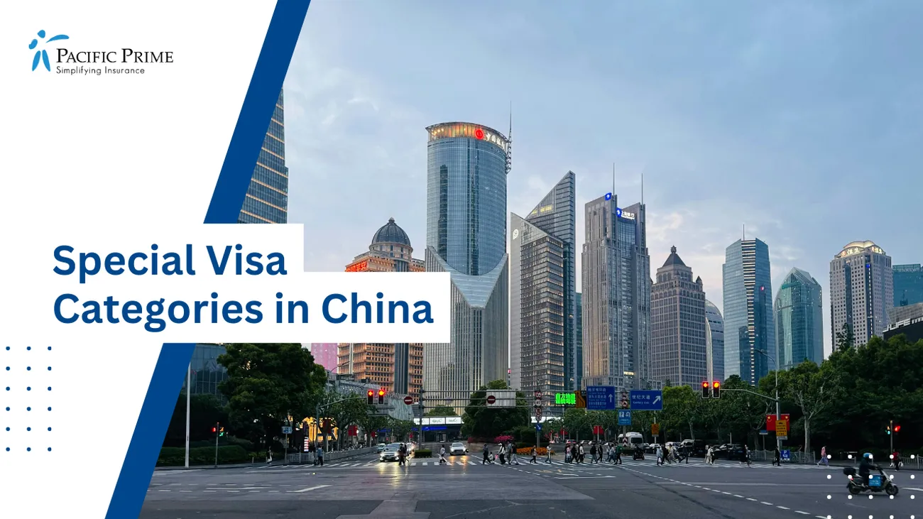 Image of City Street With Tall Buildings In The Background, China Skyline with text overlay of "Special Visa Categories in China"