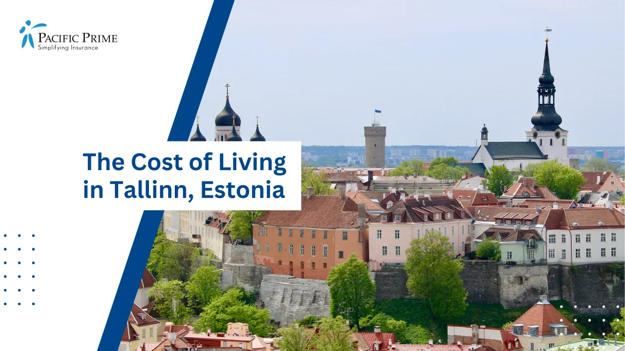 Image of City View From Hillside Overlooking Tallinn Rooftops And Towers with text overlay of "The Cost of Living in Tallinn, Estonia"