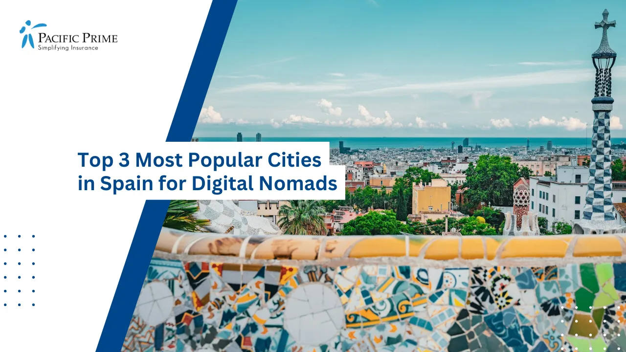 Image of City View From Tiled Roof At Park Güell, Barcelona with text overlay of "Top 3 Most Popular Cities in Spain for Digital Nomads"