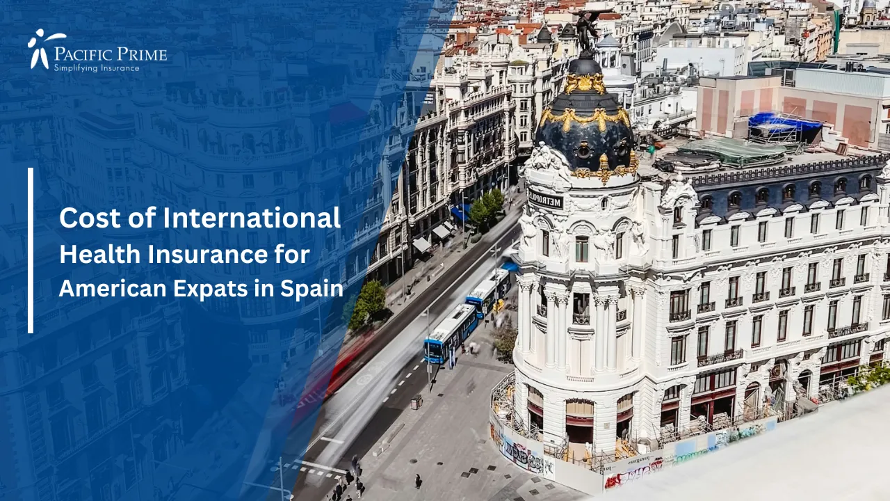Image of City View Of Gran Via With Historic Buildings In Central Madrid, Spain with text overlay of "Cost of International Health Insurance for American Expats in Spain"