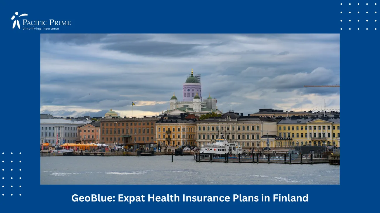 Image of City View Of Helsinki, Finland, Across The Water with text overlay of "GeoBlue: Expat Health Insurance Plans in Finland"