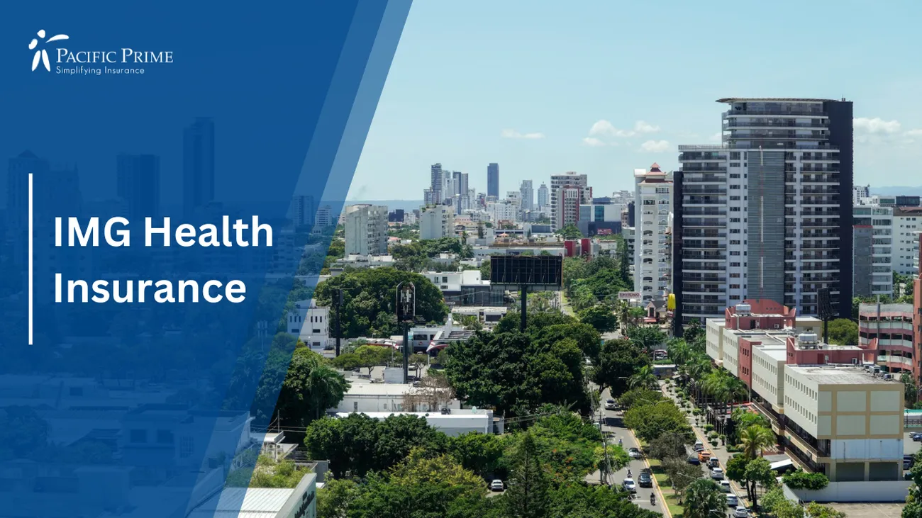 Image of City View With Tall Buildings, Dominican Republic with text overlay of "IMG Health Insurance"