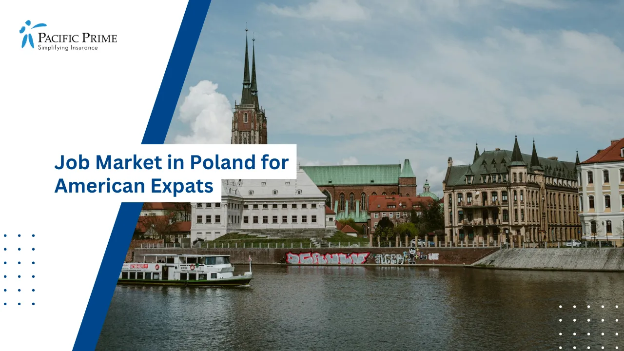 Image of Cityscape Beside A Wide River In Wrocław, Poland with text overlay of "Job Market in Poland for American Expats"