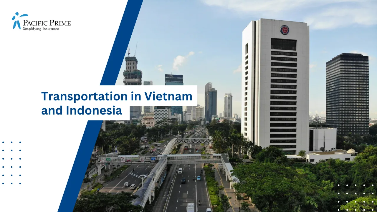 Image of Cityscape Near Menara Astra In Kuningan, South Jakarta, Indonesia with text overlay of "Transportation in Vietnam and Indonesia"