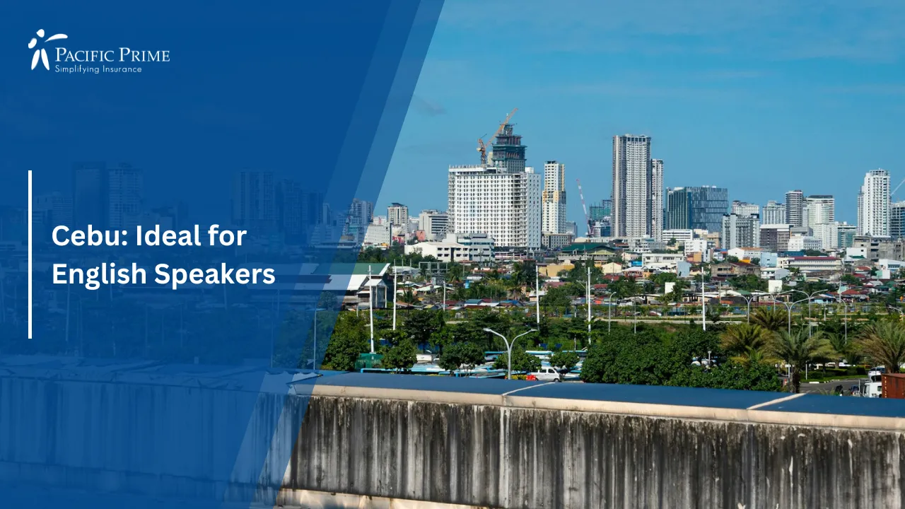 Image of Cityscape Of Cebu City Seen From A Bridge During Daytime with text overlay of "Cebu: Ideal for English Speakers"