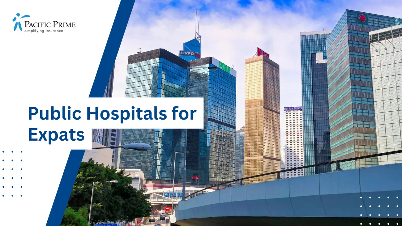 Image of Cityscape Of Hong Kong Under A Cloudy Sky with text overlay of "Public Hospitals for Expats"