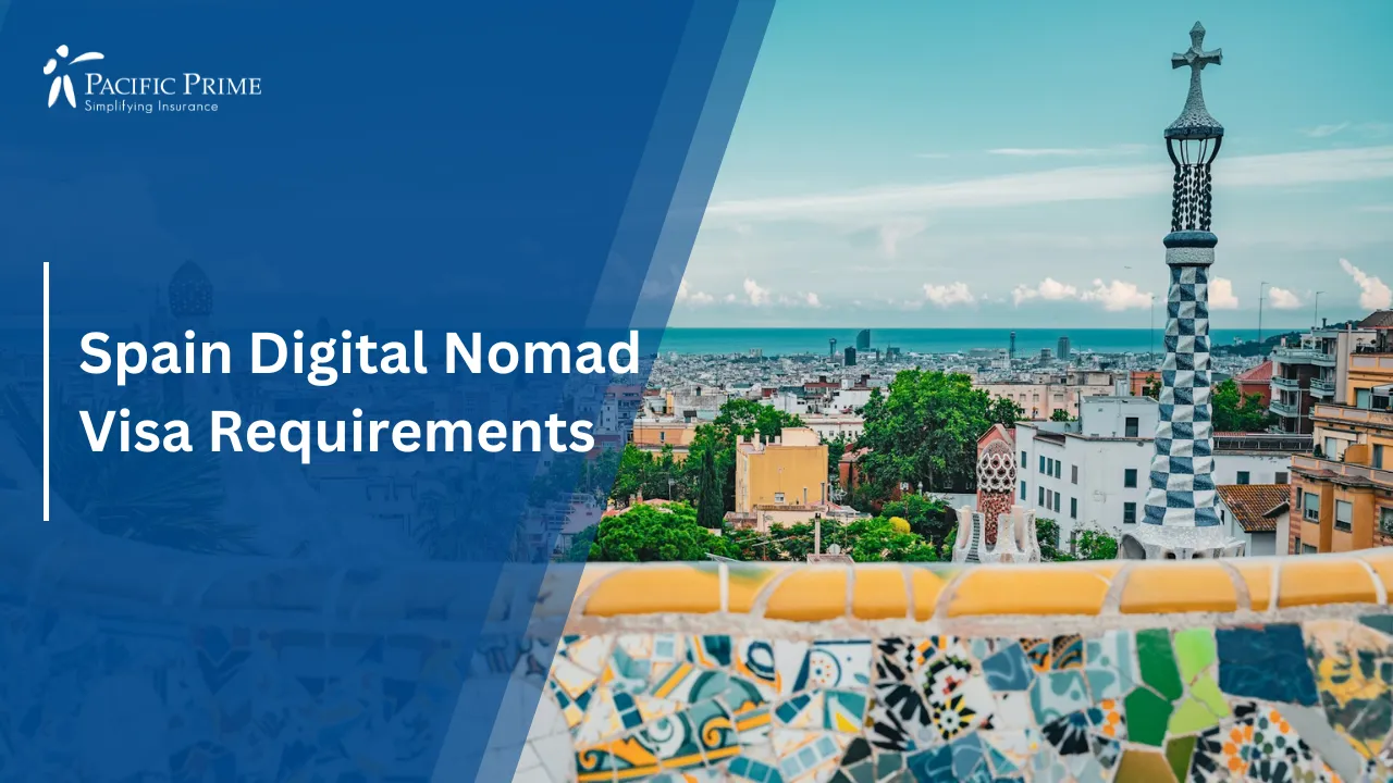 Image of Cityscape View From Tiled Rooftop At Park Güell In Barcelona, Spain with text overlay of "Spain Digital Nomad Visa Requirements"