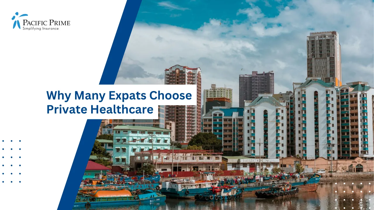 Image of Cityscape View Of Buildings And Boats From Fort Santiago In Manila with text overlay of "Why Many Expats Choose Private Healthcare"