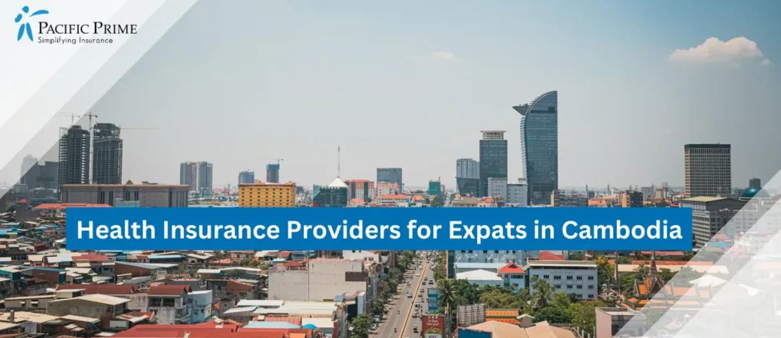 Image of Clear Blue Sky Over The City Of Phnom Penh, Cambodia with text overlay of "Health Insurance Providers for Expats in Cambodia"