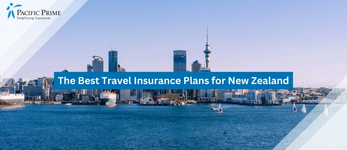 Image of Clear Daytime View Of Auckland Skyline In New Zealand with text overlay of "The Best Travel Insurance Plans for New Zealand"