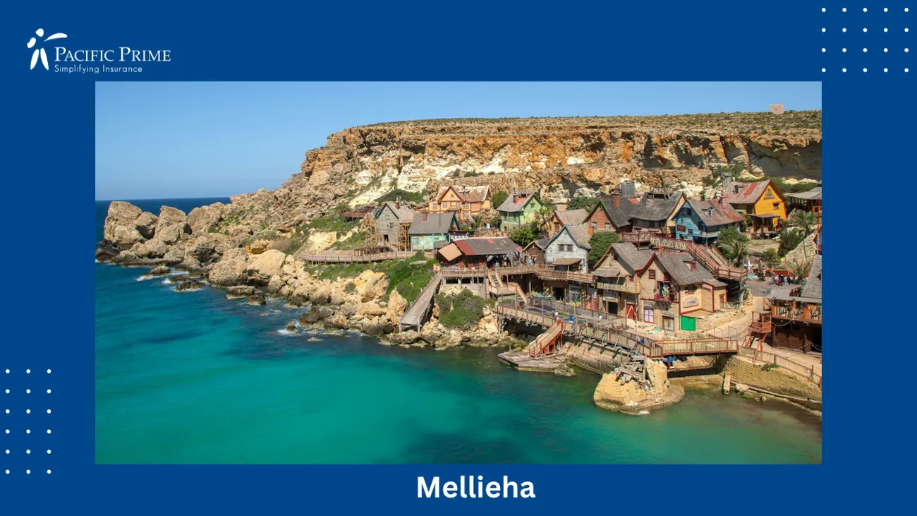 Image of Cliffside Houses Overlooking The Ocean At Popeye Village, Mellieha, Malta with text overlay of "Mellieha"