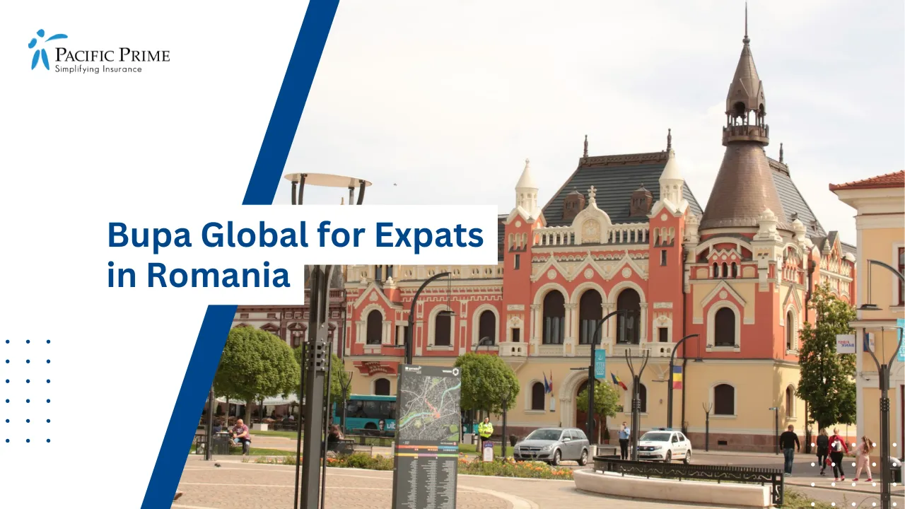 Image of Clock Tower Atop Historic Building In Oradea, Romania with text overlay of "Bupa Global for Expats in Romania"