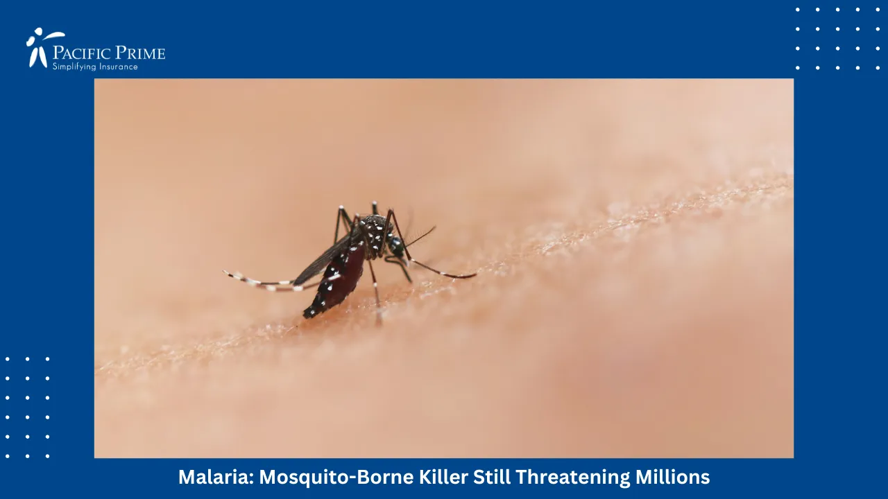 Image of Close-up Of A Mosquito Biting Human Skin with text overlay of "Malaria: Mosquito-Borne Killer Still Threatening Millions"