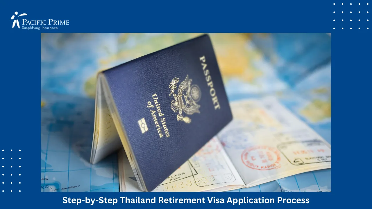 Image of Close-up Of A United States Passport On A Surface with text overlay of "Step-by-Step Thailand Retirement Visa Application Process"