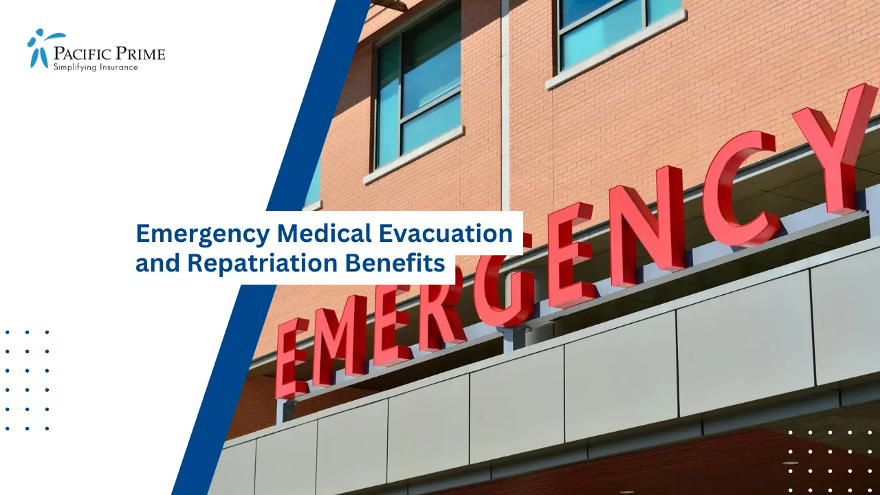 Image of Close-up Of Hospital Emergency Room Sign With Bold Red Letters with text overlay of "Emergency Medical Evacuation and Repatriation Benefits"