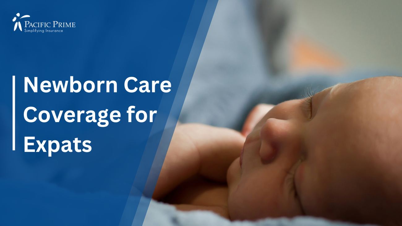 Image of Close-up Of Infant On Blue Blanket with text overlay of "Newborn Care Coverage for Expats"