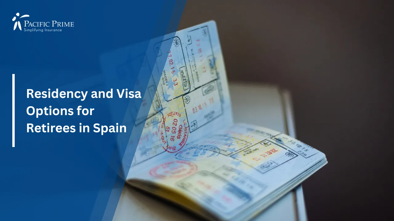 Image of Close-up Of Passport Pages With Stamps And Visa Markings with text overlay of "Residency and Visa Options for Retirees in Spain"