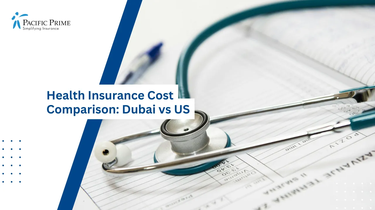 Image of Close-up View Of A Stethoscope On A White Surface with text overlay of "Health Insurance Cost Comparison: Dubai vs US"