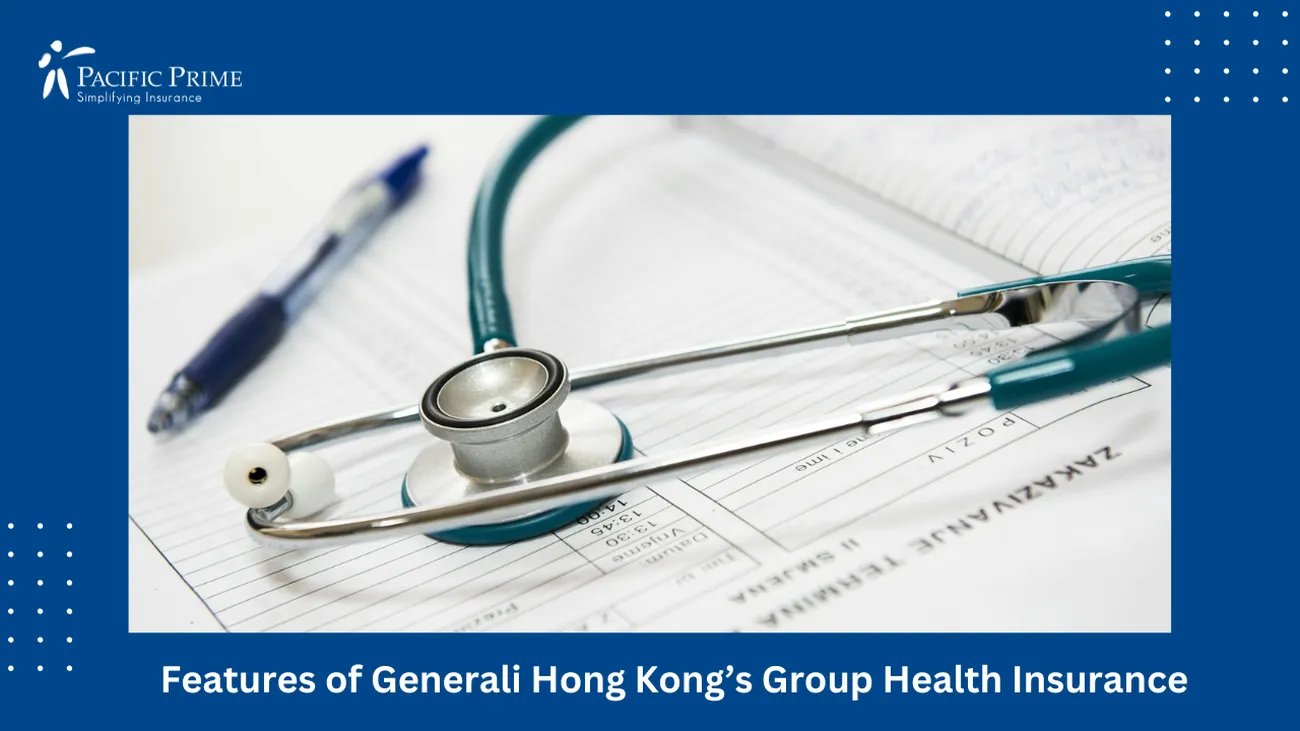 Image of Close-up View Of A Stethoscope with text overlay of "Features of Generali Hong Kong’s Group Health Insurance"