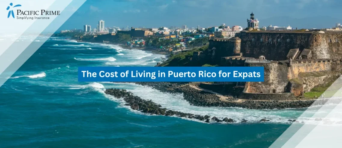 Image of Clouds Over Coastal Castle In San Juan, Puerto Rico with text overlay of "The Cost of Living in Puerto Rico for Expats"