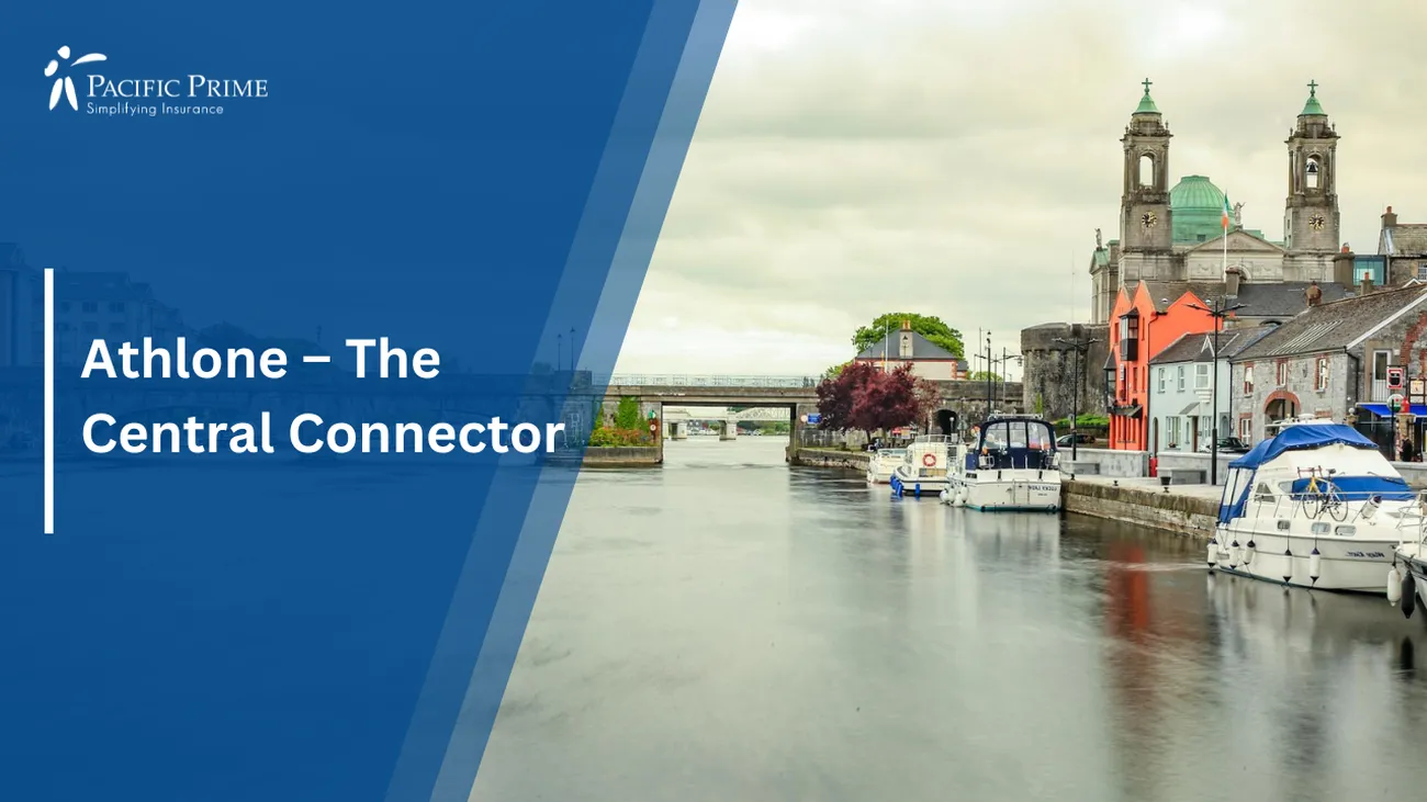 Image of Cloudy River View In Athlone, Westmeath, Ireland with text overlay of "Athlone – The Central Connector"