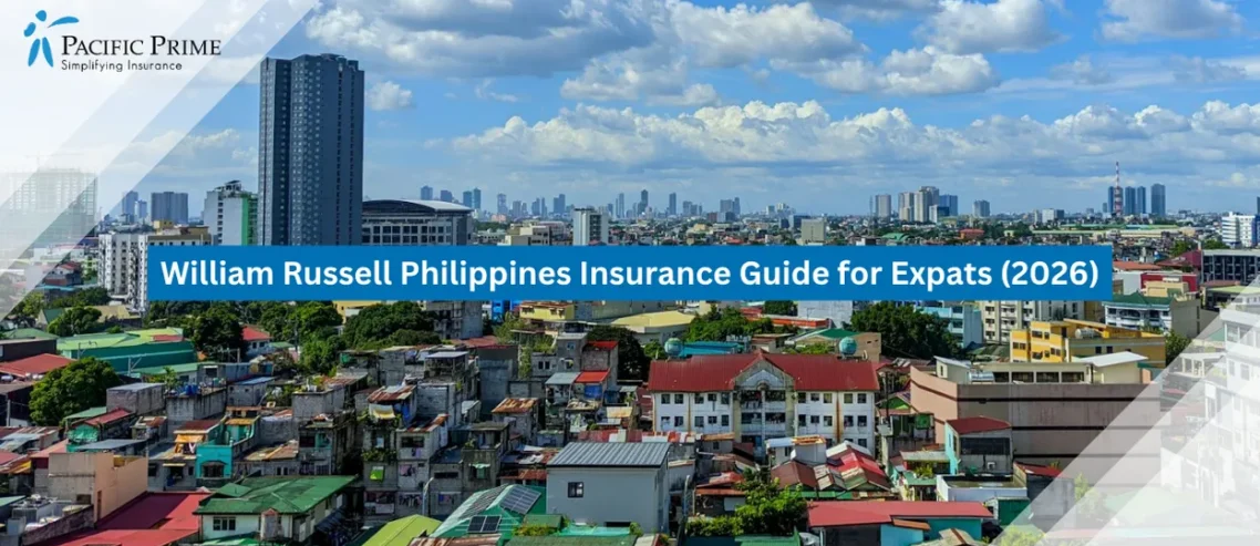 Image of Cloudy Skyline Over Sampaloc District With Dense Urban Buildings In Manila with text overlay of "William Russell Philippines Insurance Guide for Expats (2026)"