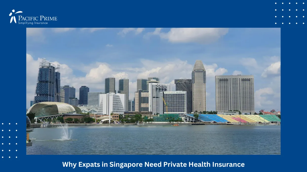 Image of Cluster Of Sleek Skyscrapers Forming A Dense Modern Urban Skyline with text overlay of "Why Expats in Singapore Need Private Health Insurance"