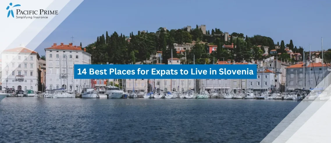 Image of Coastal Buildings Along The Waterfront In Piran, Slovenia During Daytime with text overlay of "14 Best Places for Expats to Live in Slovenia"