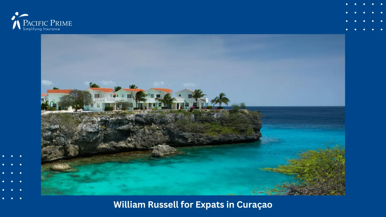 Image of Coastal Cottages Beside Calm Turquoise Waters In Curaçao with text overlay of "William Russell for Expats in Curaçao"