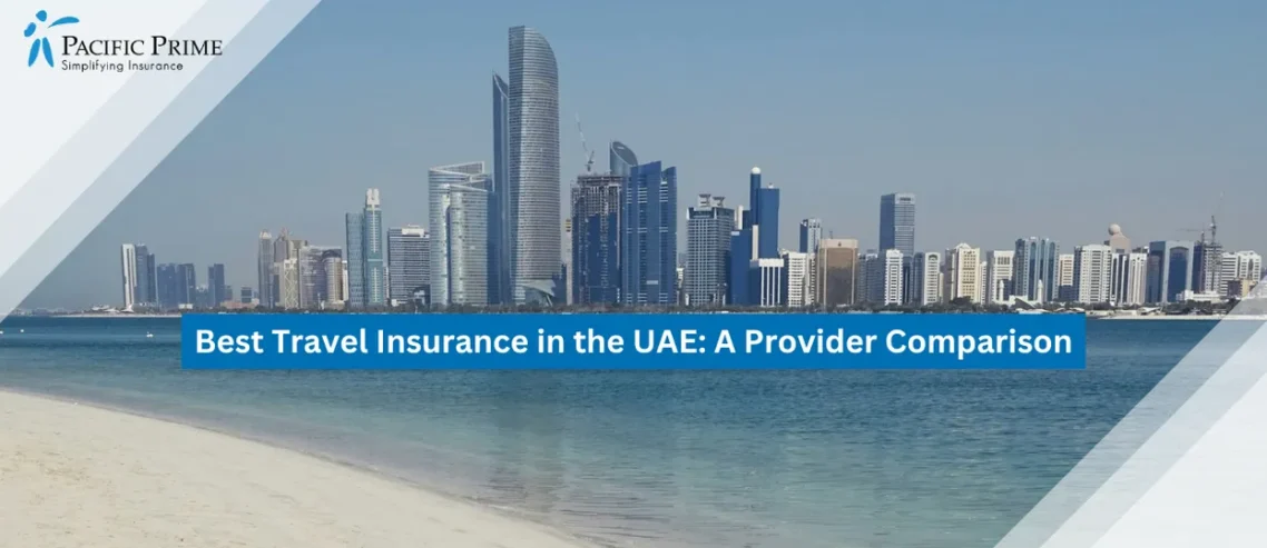 Image of Coastal View Of Al Marina District With Sleek High-rises Along Abu Dhabi Shoreline with text overlay of "Best Travel Insurance in the UAE: A Provider Comparison"