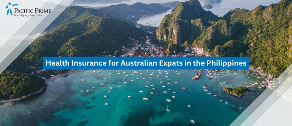 Image of Coastal View Of El Nido With White-sand Shores And Clear Blue Waters In Palawan with text overlay of "Health Insurance for Australian Expats in the Philippines"
