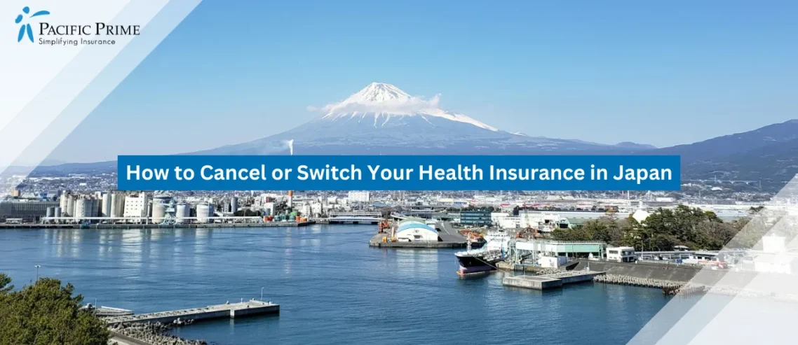 Image of Coastal View Of Fujinomiya City From A Park Viewing Tower In Shizuoka with text overlay of "How to Cancel or Switch Your Health Insurance in Japan"