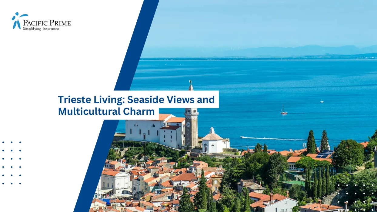 Image of Coastal View Of Trieste With Historic Buildings Overlooking A Turquoise Adriatic Sea with text overlay of "Trieste Living: Seaside Views and Multicultural Charm"
