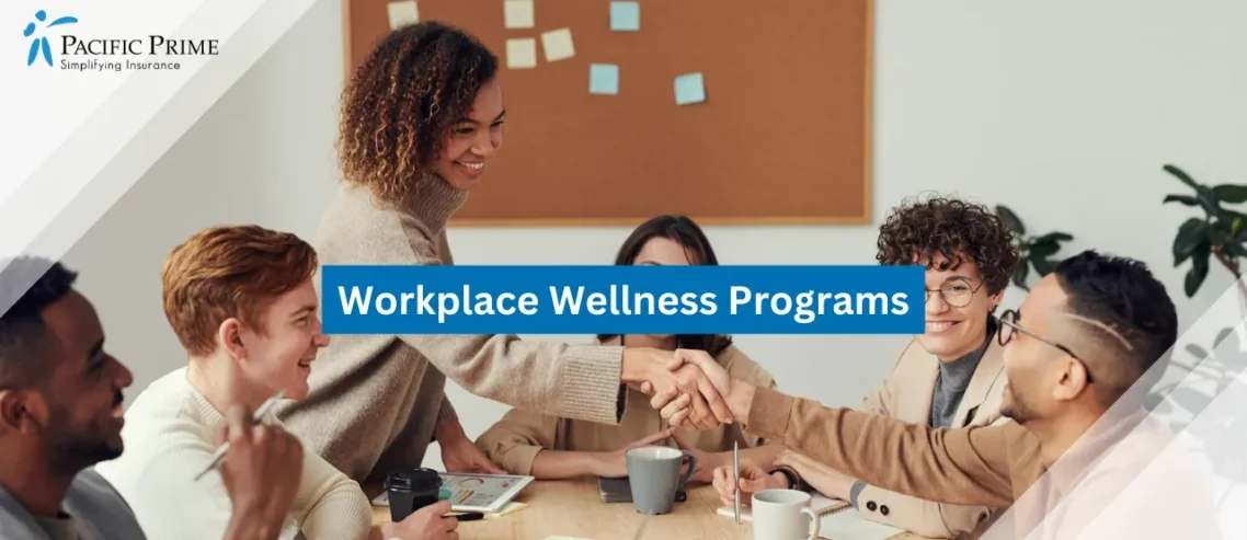 Image of Colleagues Shaking Hands In A Professional Setting with text overlay of "Workplace Wellness Programs"