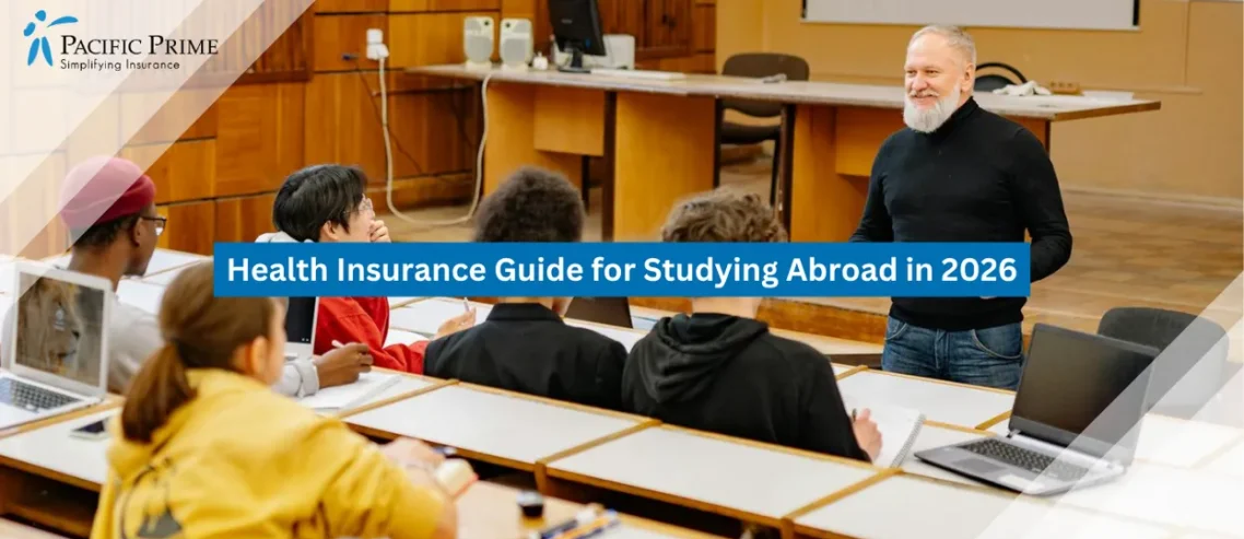 Image of College Classroom Scene With Learners Using Devices While Following An Instructor with text overlay of "Health Insurance Guide for Studying Abroad in 2026"