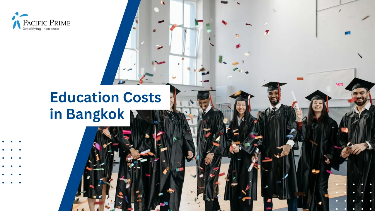 Image of College Graduates Celebrating Outdoors In Caps And Gowns with text overlay of "Education Costs in Bangkok"