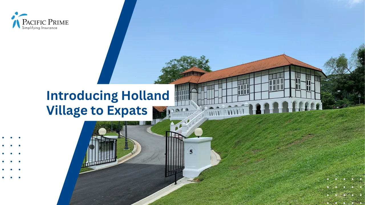 Image of Colonial Black-and-white Houses At Gallop Extension, Holland Village, Singapore with text overlay of "Introducing Holland Village to Expats"