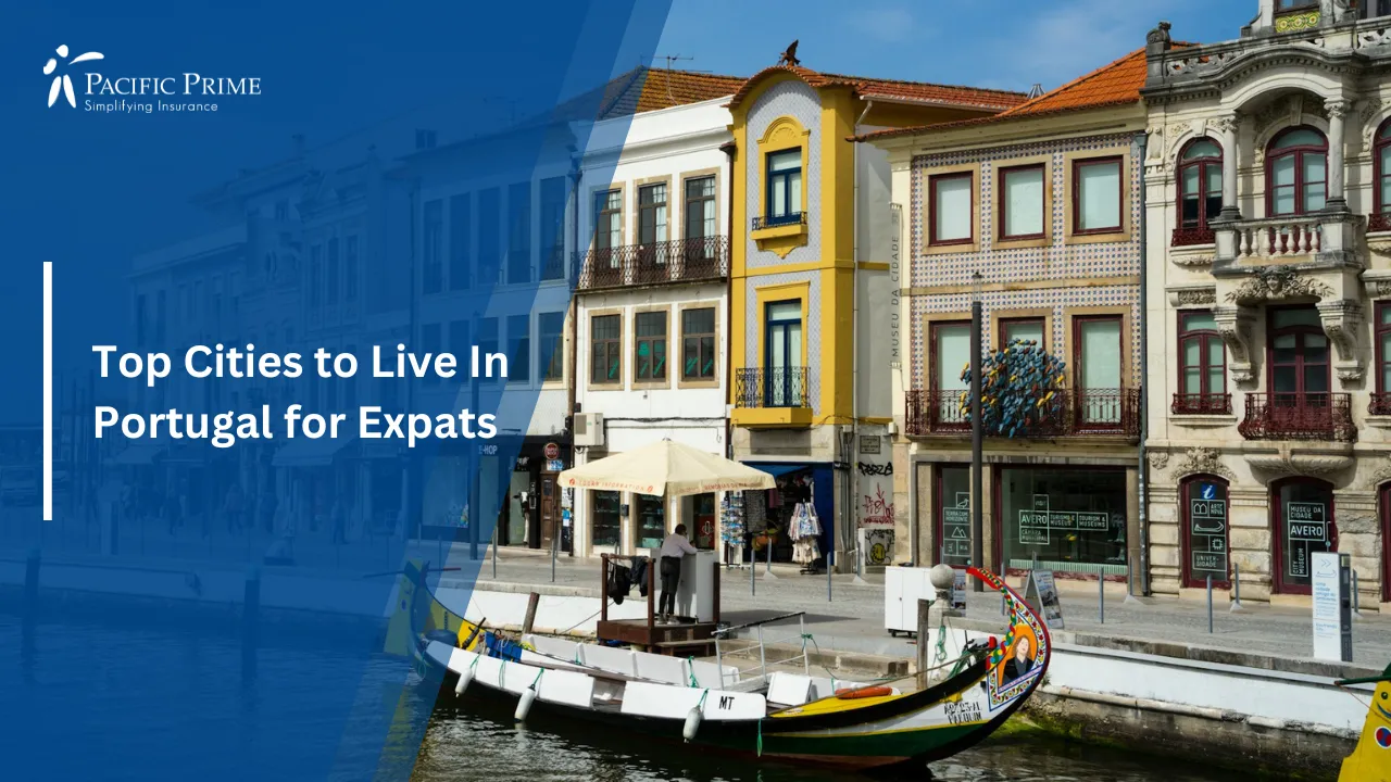Image of Colorful Buildings Lined Up Along A Calm Waterfront In Aveiro with text overlay of "Top Cities to Live In Portugal for Expats"