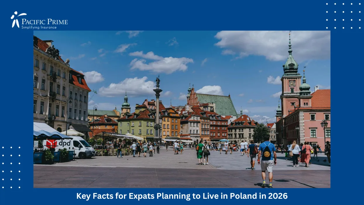 Image of Colorful Facades Surrounding A Lively Historic Square In Warsaw&rsquo;s Old Town with text overlay of "Key Facts for Expats Planning to Live in Poland in 2026"