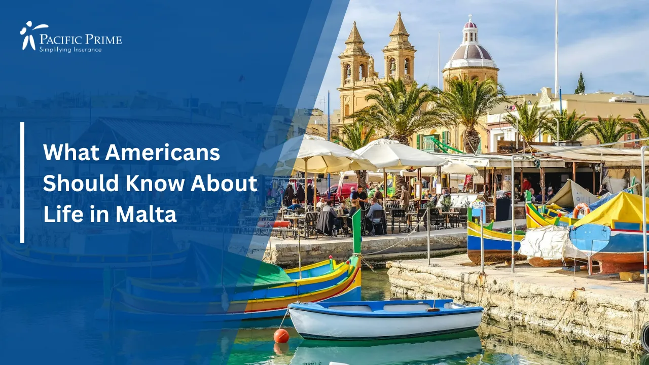 Image of Colorful Fishing Boats In The Harbor Of Marsaxlokk Village, Malta with text overlay of "What Americans Should Know About Life in Malta"