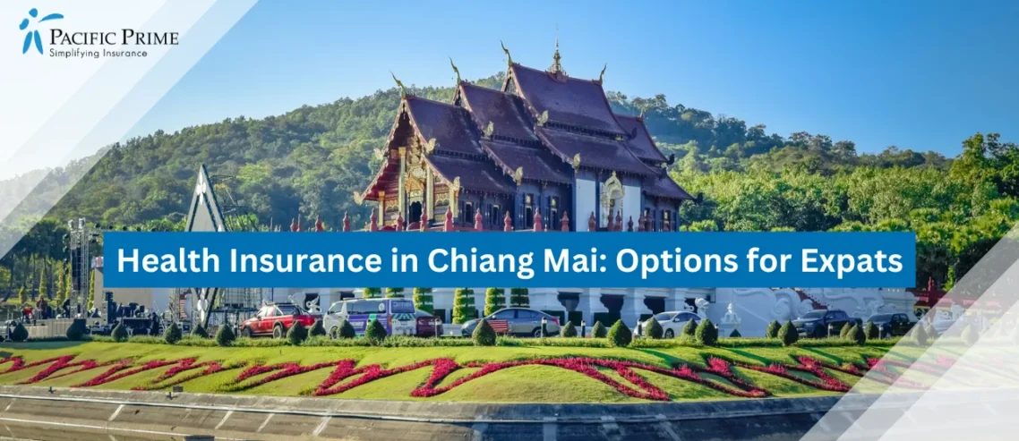 Image of Colorful Gardens And Floral Displays At Royal Flora Park, Chiang Mai with text overlay of "Health Insurance in Chiang Mai: Options for Expats"