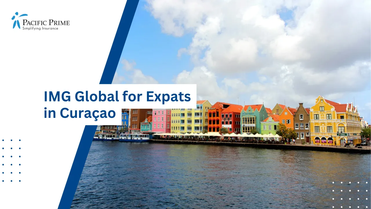 Image of Colorful Handelskade Waterfront View From Queen Emma Bridge, Willemstad with text overlay of "IMG Global for Expats in Curaçao"