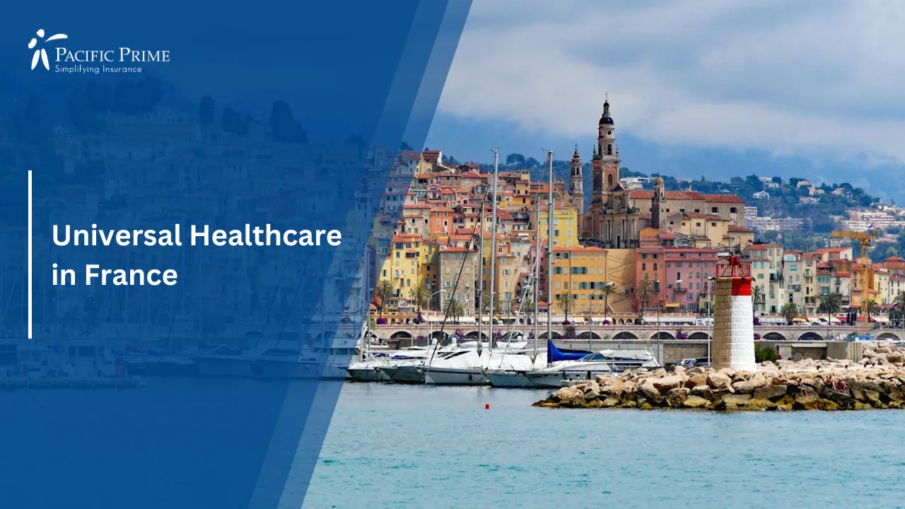 Image of Colorful Houses By The Sea With Sailboats And A Lighthouse In Menton, France with text overlay of "Universal Healthcare in France"